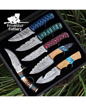 Handmade Damascus Steel Skinning Knife Set for Outdoor Enthusiasts