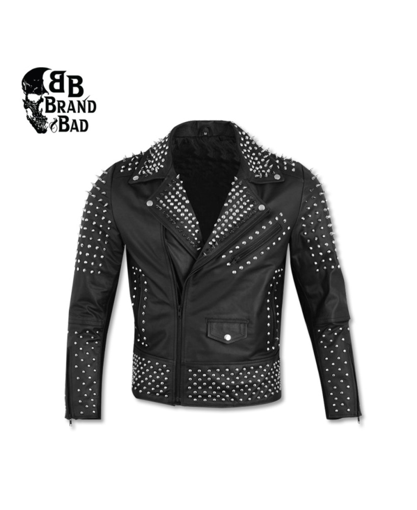 Men's Silver Studded Handmade Cowhide Leather Biker Jacket