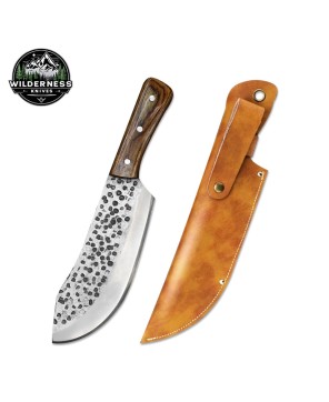 Hand-Forged Butcher Knife with Carbon Steel Blade and Wood Handle