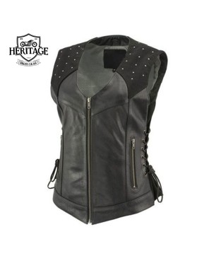 Black Studded Leather Vest with Reflective Wings - Heritage Bike Gear