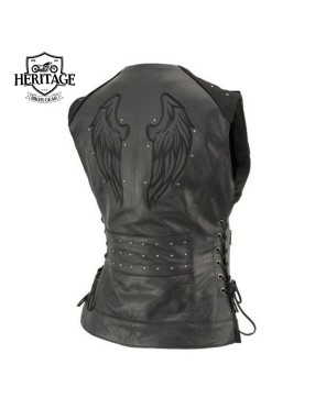 Black Studded Leather Vest with Reflective Wings - Heritage Bike Gear