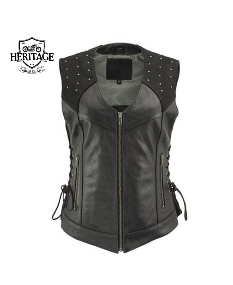 Black Studded Leather Vest with Reflective Wings - Heritage Bike Gear