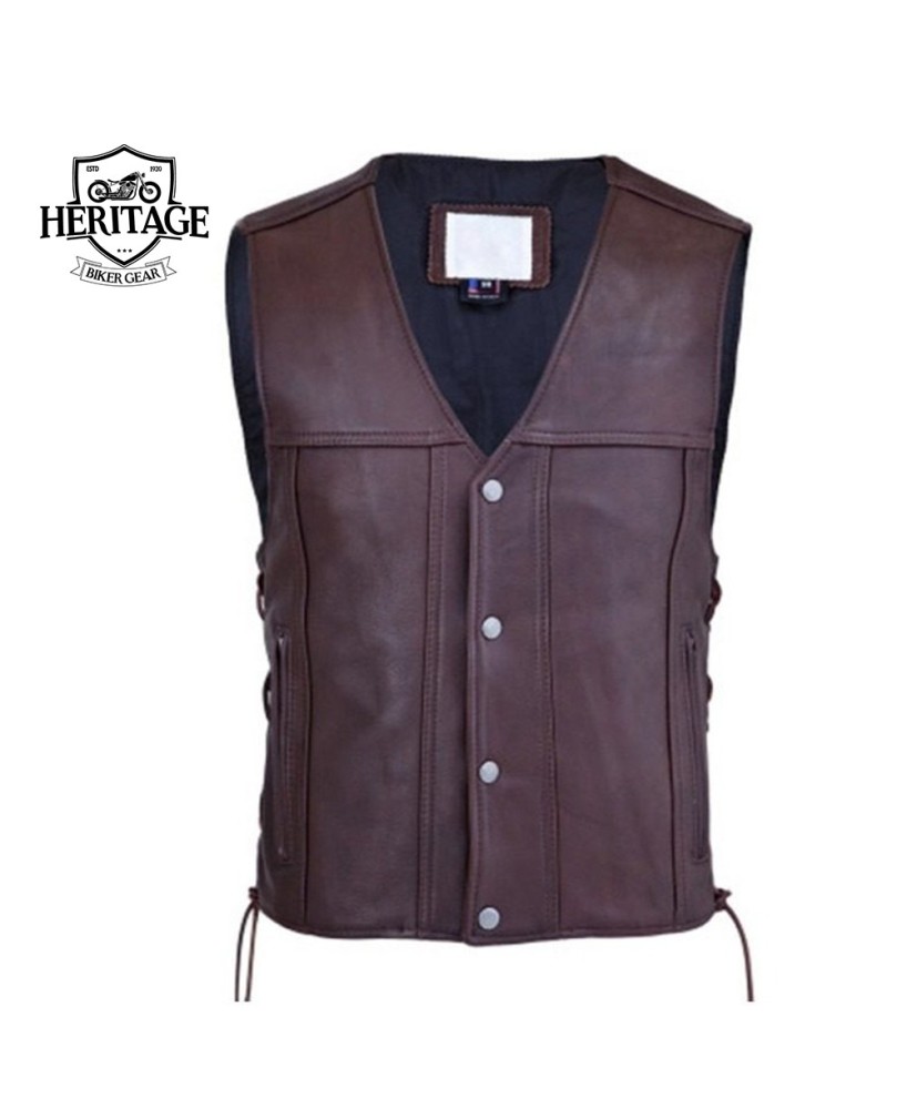 Premium Brown Cowhide Motorcycle Vest with Custom Snaps