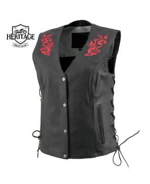 Women's Black and Red Leather Vest with Side Lace Adjustment