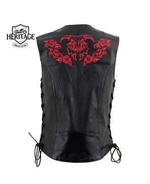 Women's Black and Red Leather Vest with Side Lace Adjustment