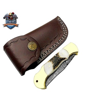 Custom Made Ram Horn Folding Knife with Damascus Steel Blade