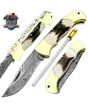 Custom Made Ram Horn Folding Knife with Damascus Steel Blade