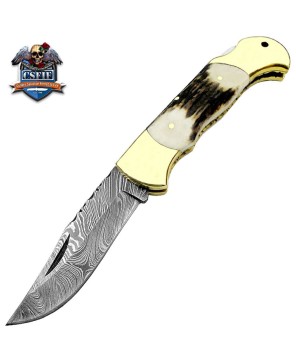 Custom Made Ram Horn Folding Knife with Damascus Steel Blade