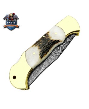 Custom Made Ram Horn Folding Knife with Damascus Steel Blade