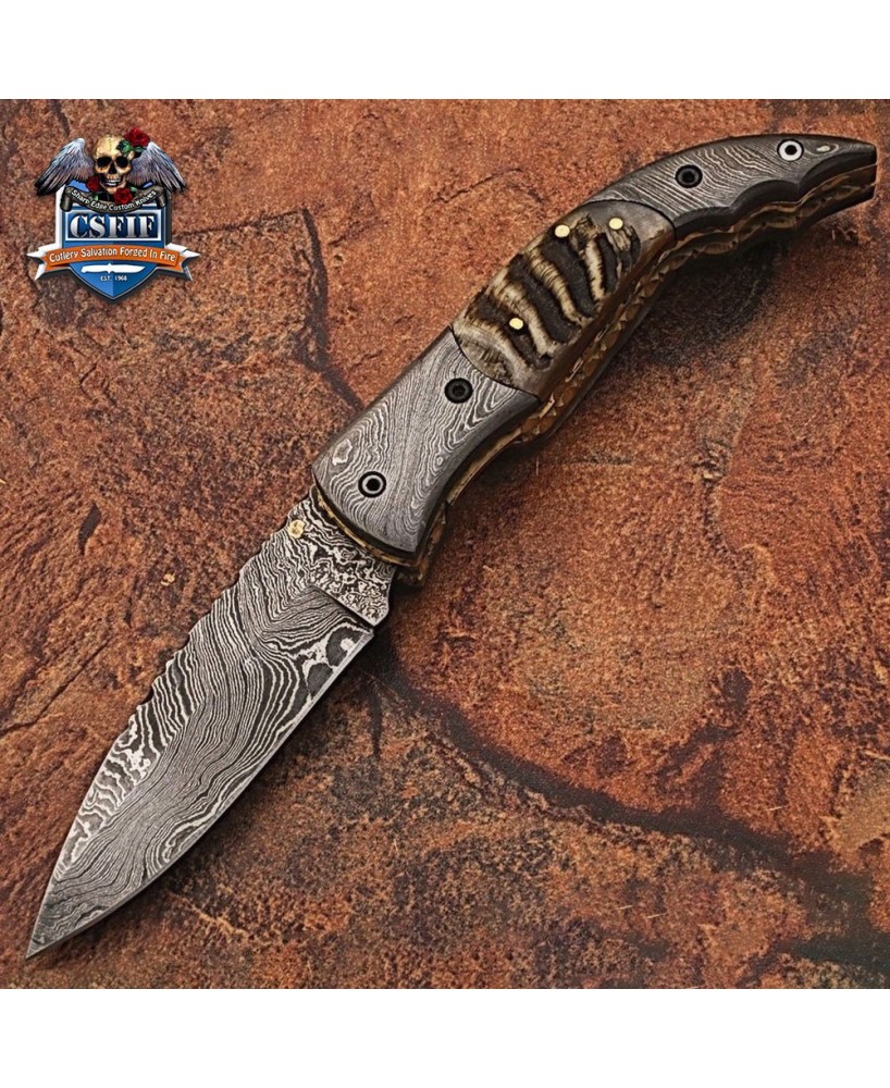 Custom Made Damascus Blade Folding Knife with Stag Horn Handle