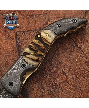 Custom Made Damascus Blade Folding Knife with Stag Horn Handle