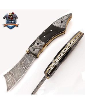 Modern Style Folding Knife with Damascus Blade and Buffalo Horn Handle