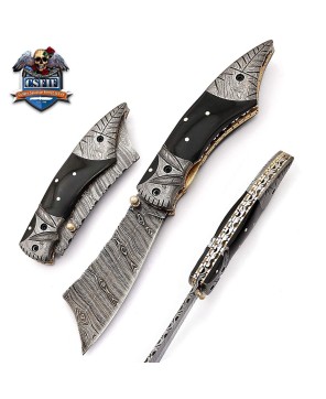 Modern Style Folding Knife with Damascus Blade and Buffalo Horn Handle