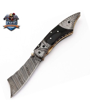 Modern Style Folding Knife with Damascus Blade and Buffalo Horn Handle