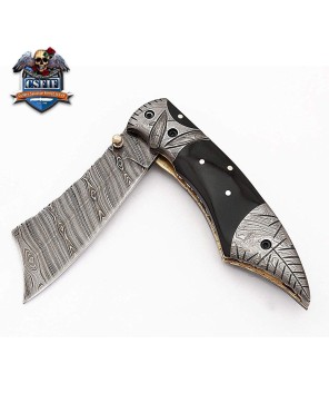 Modern Style Folding Knife with Damascus Blade and Buffalo Horn Handle