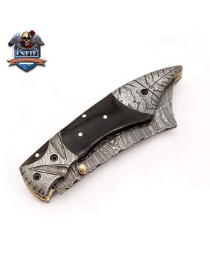 Modern Style Folding Knife with Damascus Blade and Buffalo Horn Handle