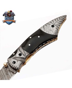 Modern Style Folding Knife with Damascus Blade and Buffalo Horn Handle