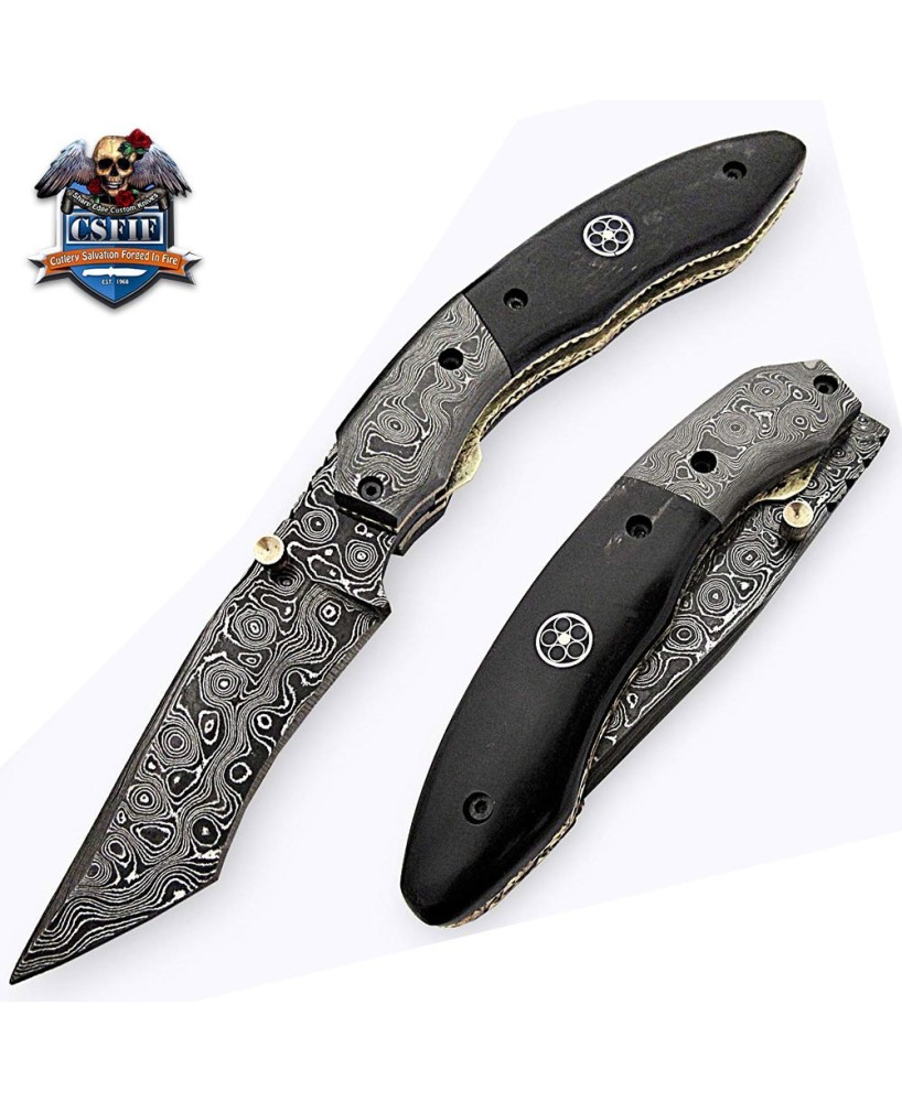 Damascus Blade Folding Knife with Buffalo Horn Handle