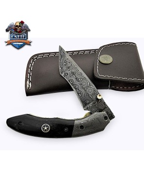 Damascus Blade Folding Knife with Buffalo Horn Handle