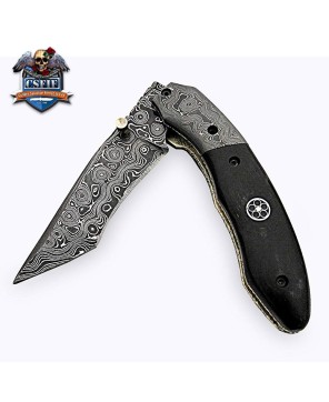 Damascus Blade Folding Knife with Buffalo Horn Handle