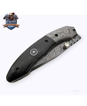 Damascus Blade Folding Knife with Buffalo Horn Handle