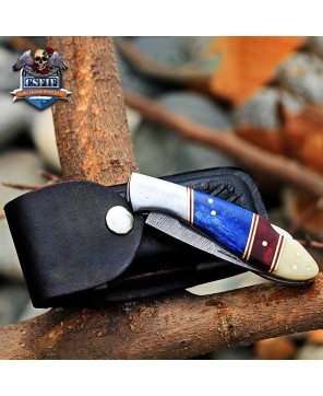 Classic Folding Knife with Damascus Blade and Bone Handle