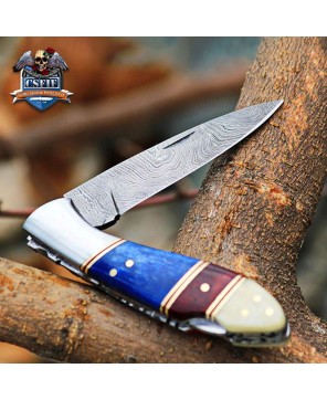 Classic Folding Knife with Damascus Blade and Bone Handle