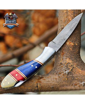 Classic Folding Knife with Damascus Blade and Bone Handle