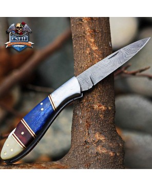 Classic Folding Knife with Damascus Blade and Bone Handle