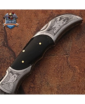 Eye Catching Folding Knife with Damascus Steel Blade and Horn Handle