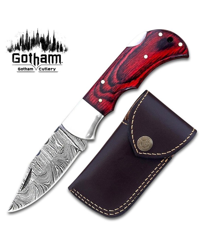 Modern Style Pocket Knife with Handmade Damascus Steel and Sheath