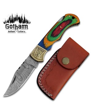 Damascus Steel Pocket Knife with Pakkawood Handle and Leather Sheath