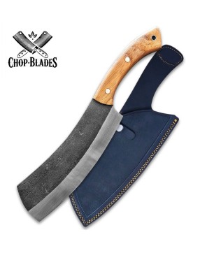 Handmade Carbon Steel Cleaver Knife with Wooden Handle and Sheath