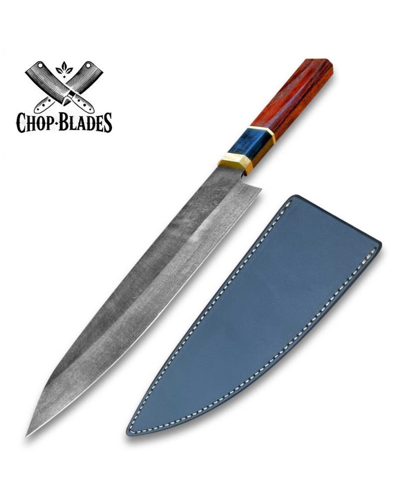 Handmade Carbon Steel Chef Knife with Wooden Handle & Leather Sheath