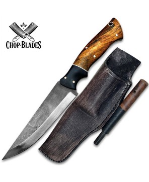 Handmade Carbon Steel Hunting Knife with Fire Starter & Leather Sheath