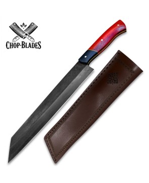 Handmade Carbon Steel Chef Knife with Red Handle & Sheath