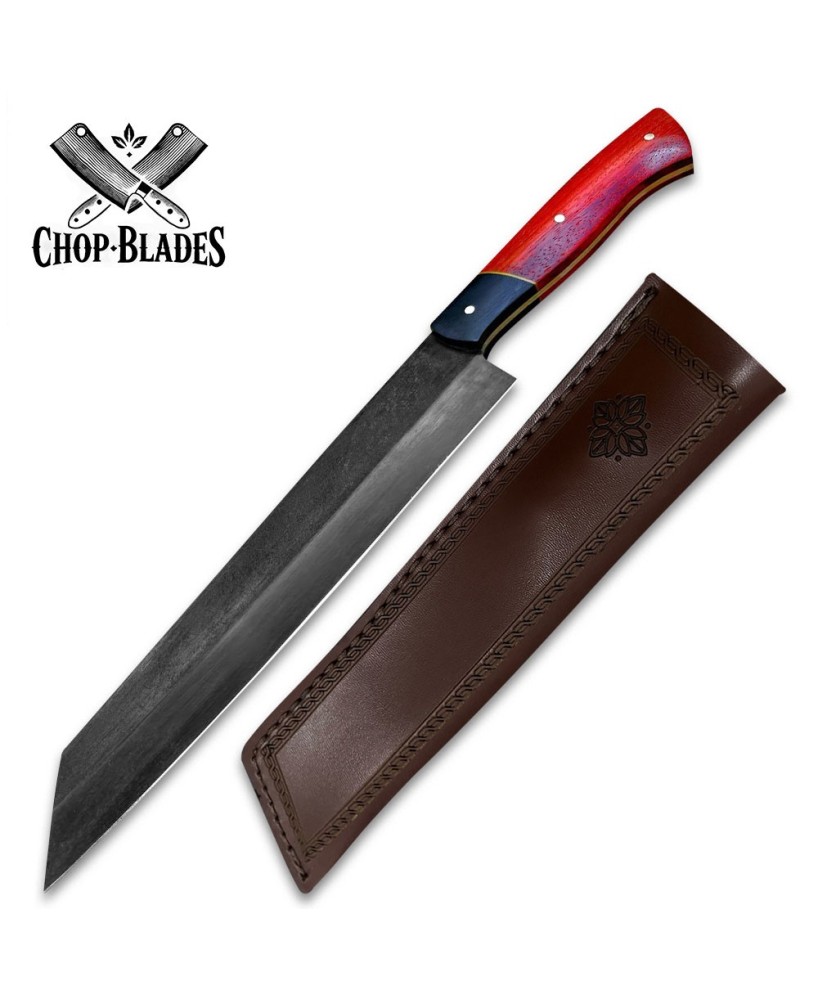 Handmade Carbon Steel Chef Knife with Red Handle & Sheath