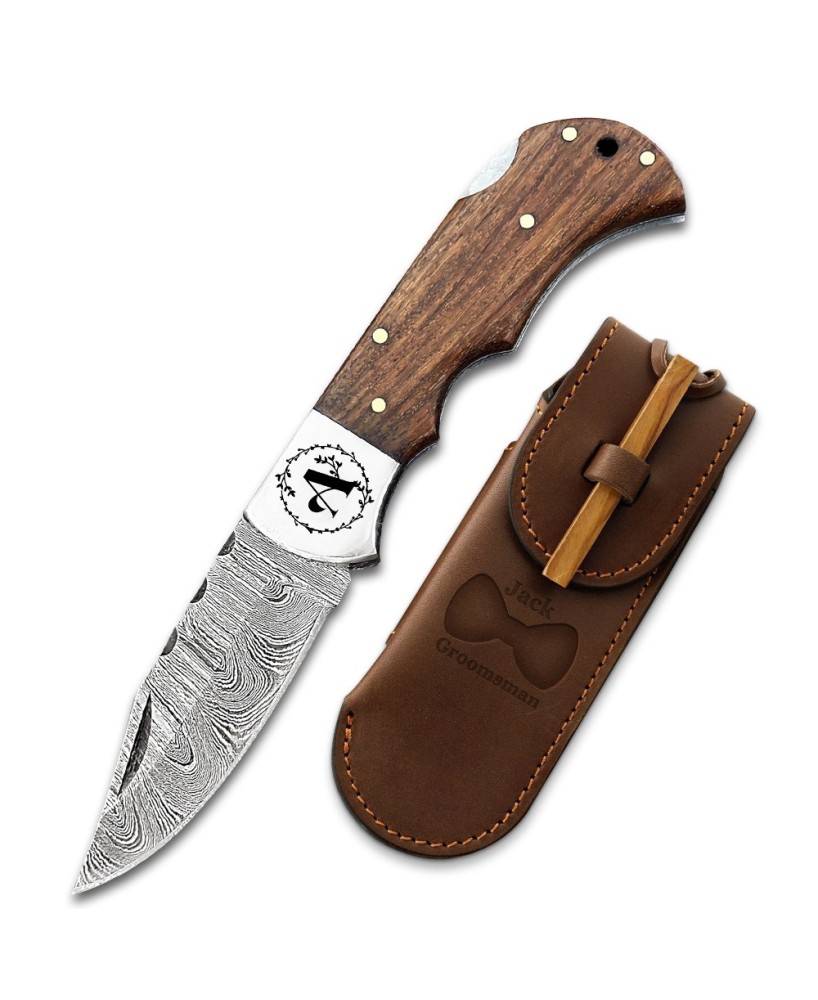 Damascus Steel Pocket Knife with Personalized Handle and Back Lock