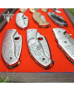 Luxury Hand-Engraved Folding Knives Set with Wooden Gift Box