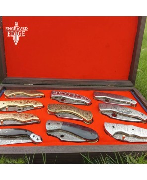 Luxury Hand-Engraved Folding Knives Set with Wooden Gift Box