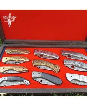 Luxury Hand-Engraved Folding Knives Set with Wooden Gift Box