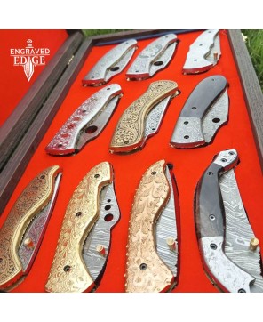 Luxury Hand-Engraved Folding Knives Set with Wooden Gift Box