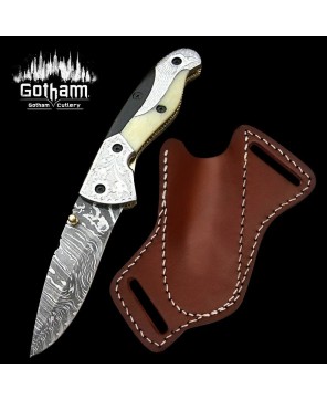 Handmade Damascus Folding Knife with Leather Sheath