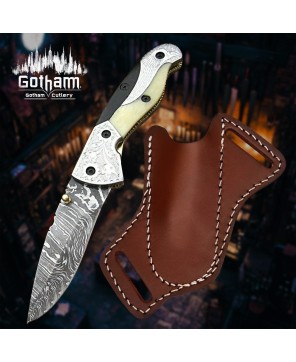 Handmade Damascus Folding Knife with Leather Sheath