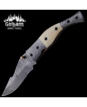 Handmade Damascus Folding Knife with Camel Bone Handle & Leather Sheat