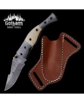 Handmade Damascus Folding Knife with Camel Bone Handle & Leather Sheat