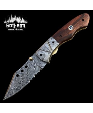 Custom Handmade Damascus Folding Knife with Pocket Clip & Rosewood Han