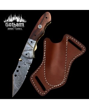 Custom Handmade Damascus Folding Knife with Pocket Clip & Rosewood Han