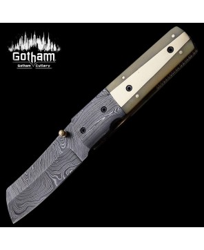 Handmade Damascus Steel Folding Knife with Leather Sheath