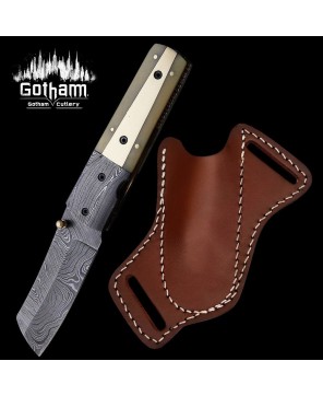 Handmade Damascus Steel Folding Knife with Leather Sheath